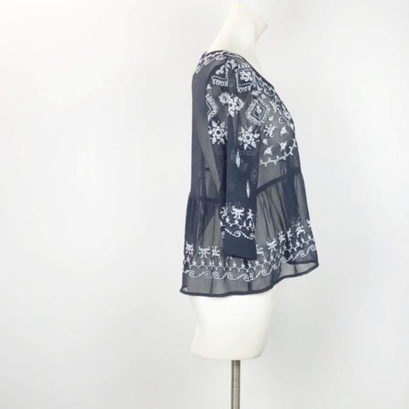 Free People Small Womens Black Sheer Embroidered Boho Blouse Top - Picture 3 of 6